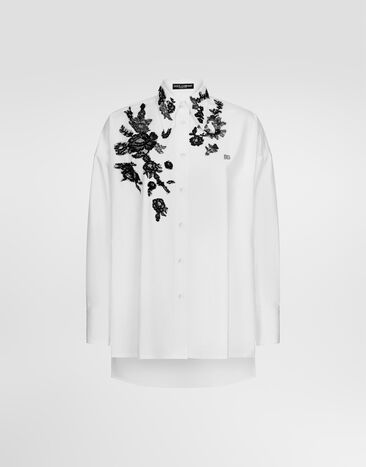 Dolce & Gabbana Oversize-Bluse aus Baumwolle mit Spitzenapplikationen Weiss F5P62TGDB8O
