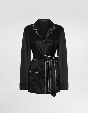 Dolce & Gabbana Silk pajama shirt with contrasting piping Black F5N53TFU1AU