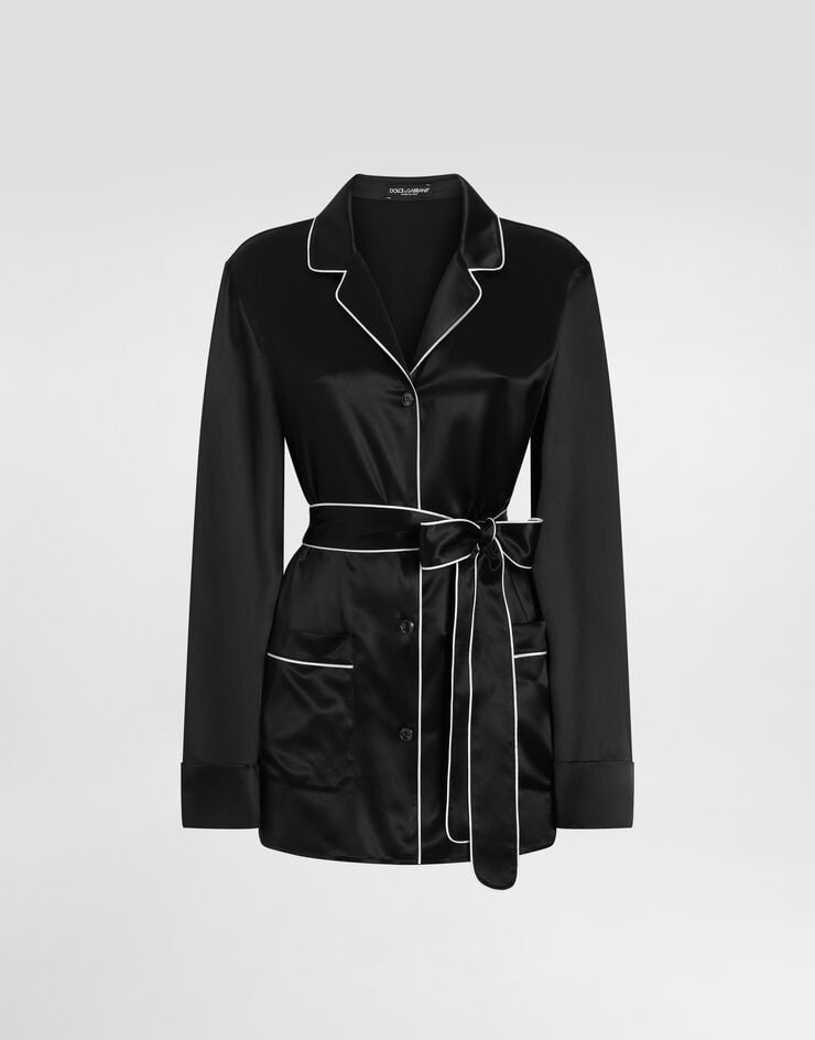Dolce & Gabbana Silk pajama shirt with contrasting piping Black F5N53TFU1AU