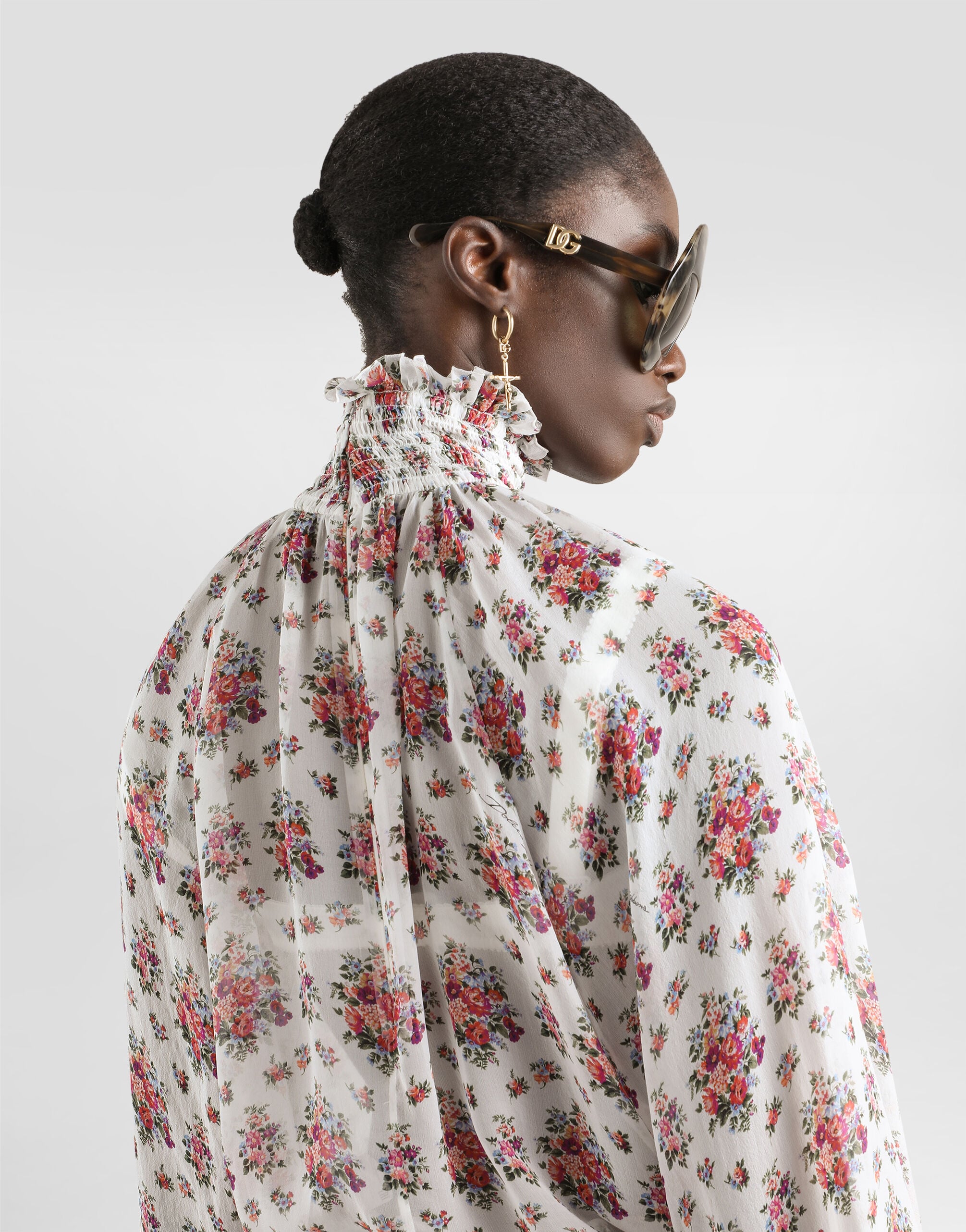 Small flower bouquets-print chiffon top in Multicolor for Women