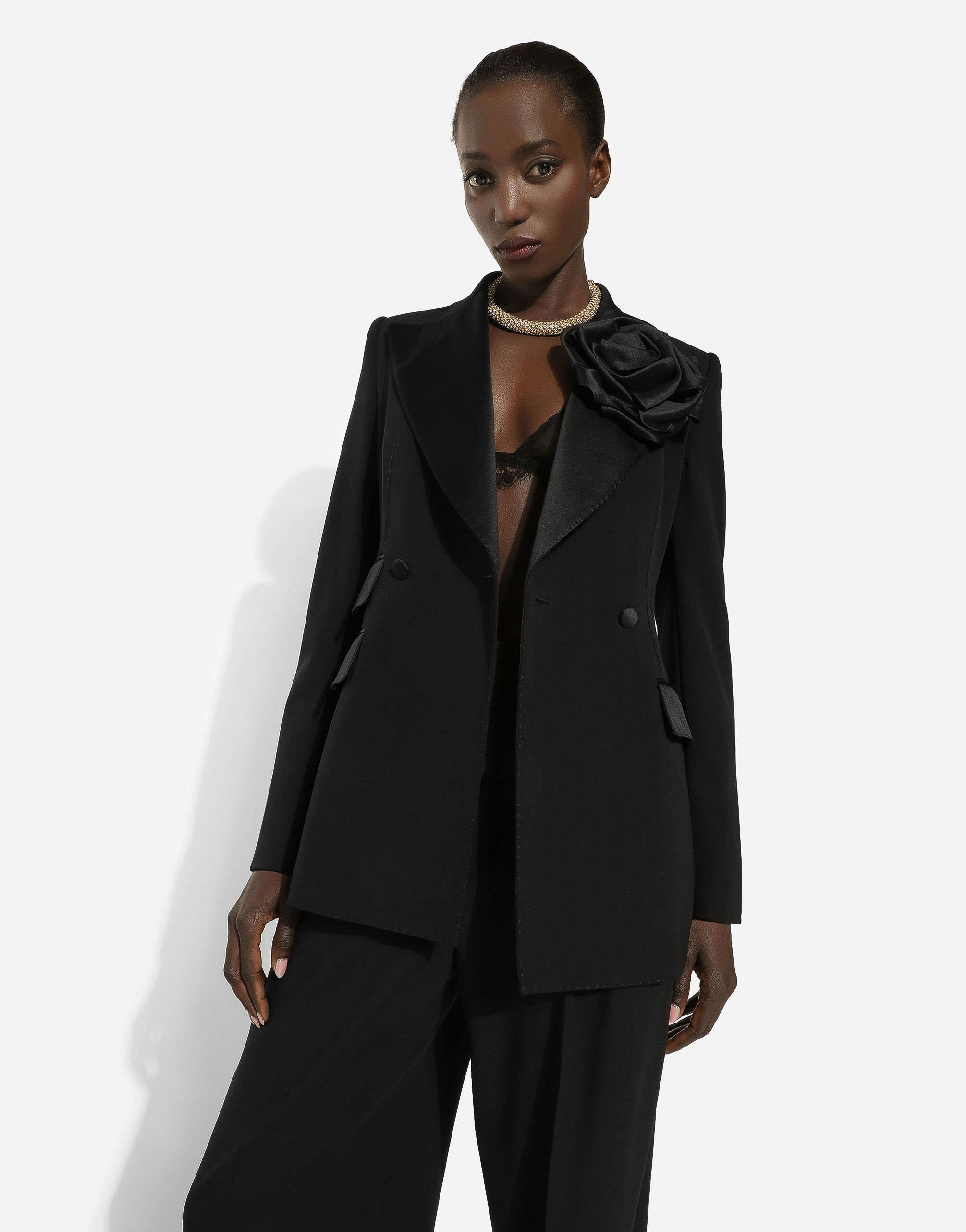 Double-breasted woolen jacket with flower appliqué in Black