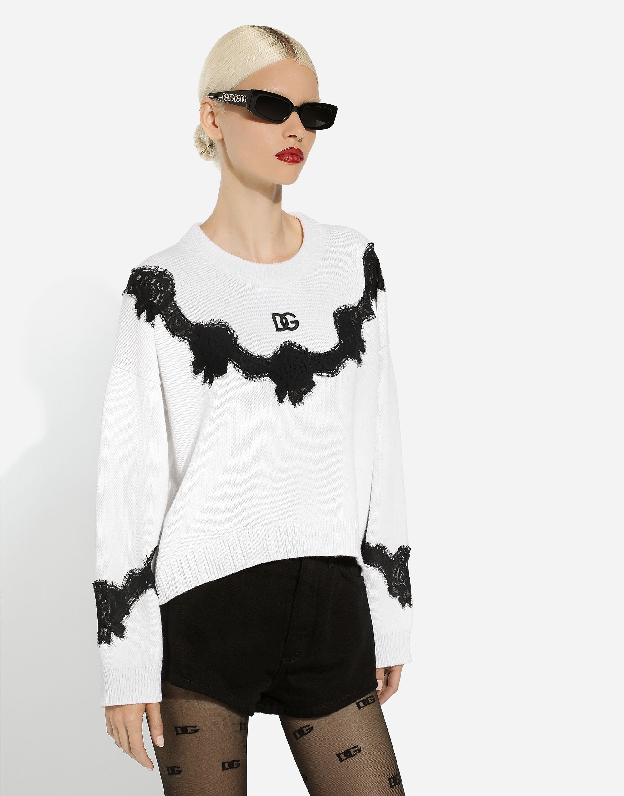 Wool sweater with DG logo and lace inserts in White for Women Dolce Gabbana