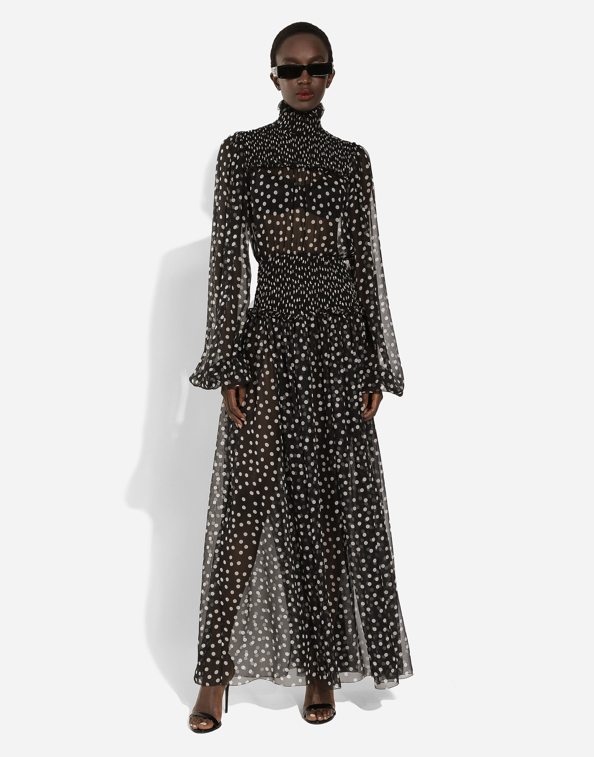 Chiffon midi dress with smock stitching and micro-polka dot