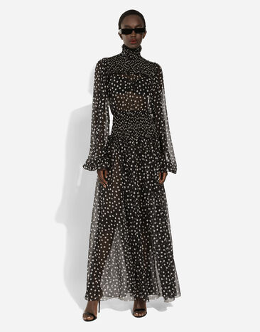 Dolce & Gabbana فستان ميدي شيفون بخياطة سموك وطبعة منقطة دقيقة مطبعة F6GADTHS1KD