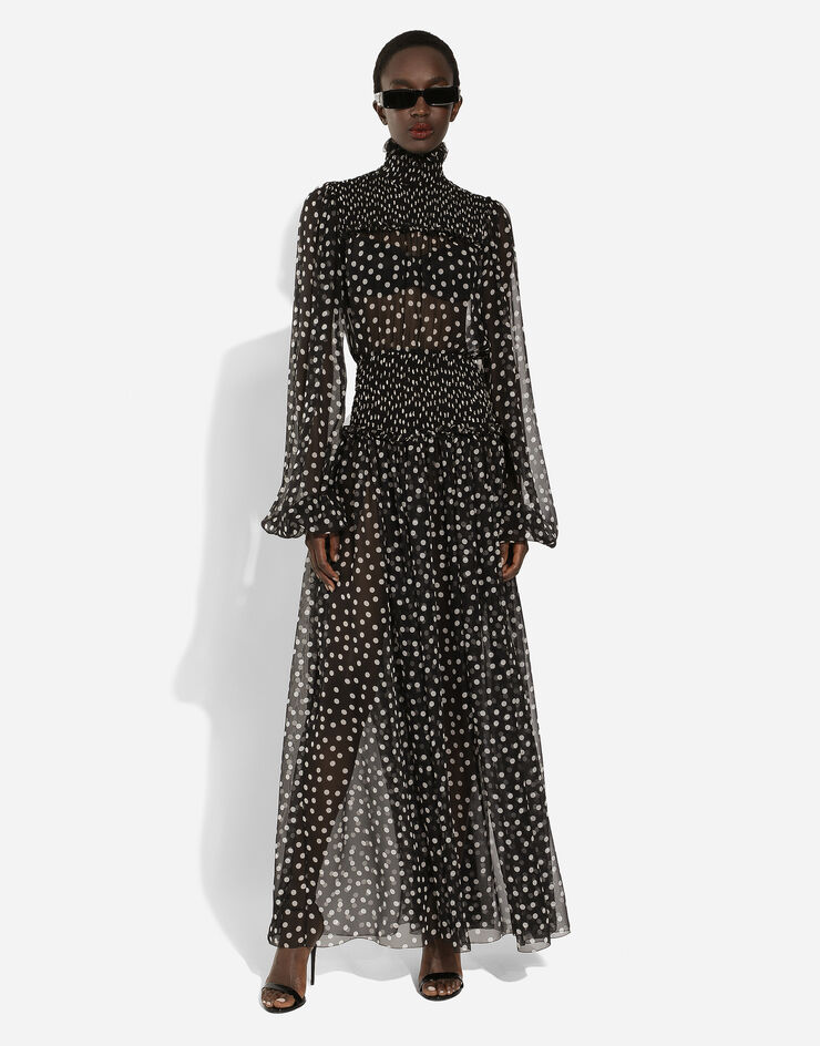 Dolce & Gabbana Chiffon midi dress with smock stitching and micro-polka dot print Print F6GADTHS1KD
