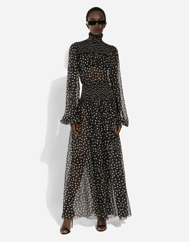 Dolce & Gabbana Abito longuette con punto smock in chiffon stampa micro pois Stampa F6GADTHS1KD