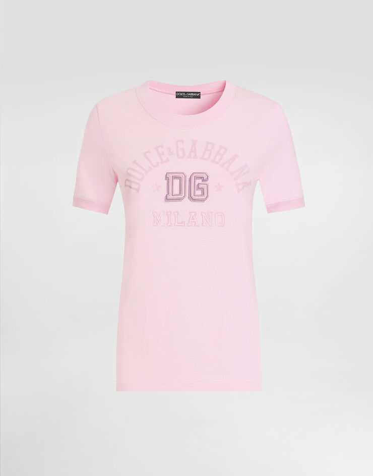 Dolce & Gabbana Camiseta de punto con logotipo DG bordado en relieve Pink F8N08ZGDCX2