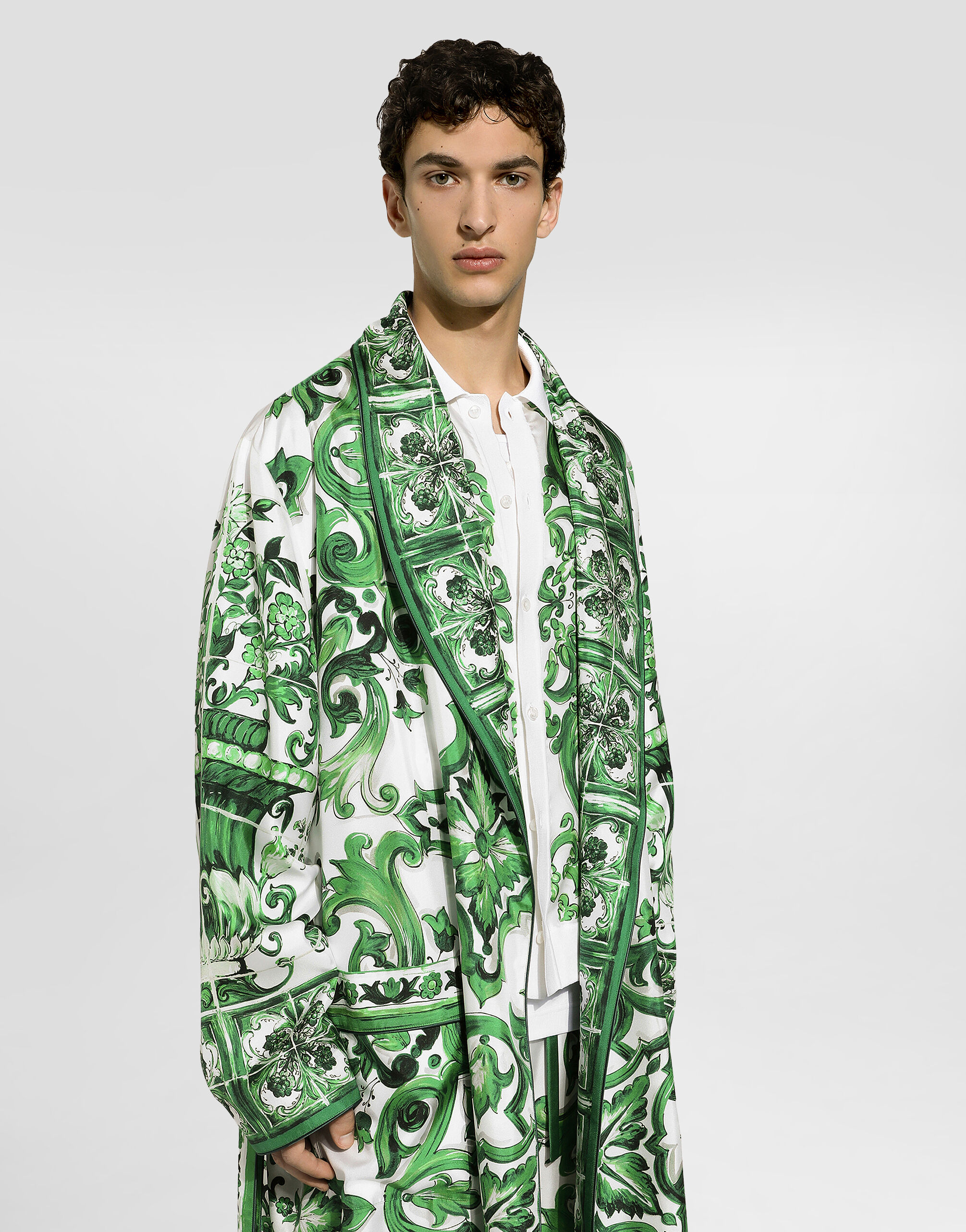 Oversize silk and yarn shirt with majolica print in Print