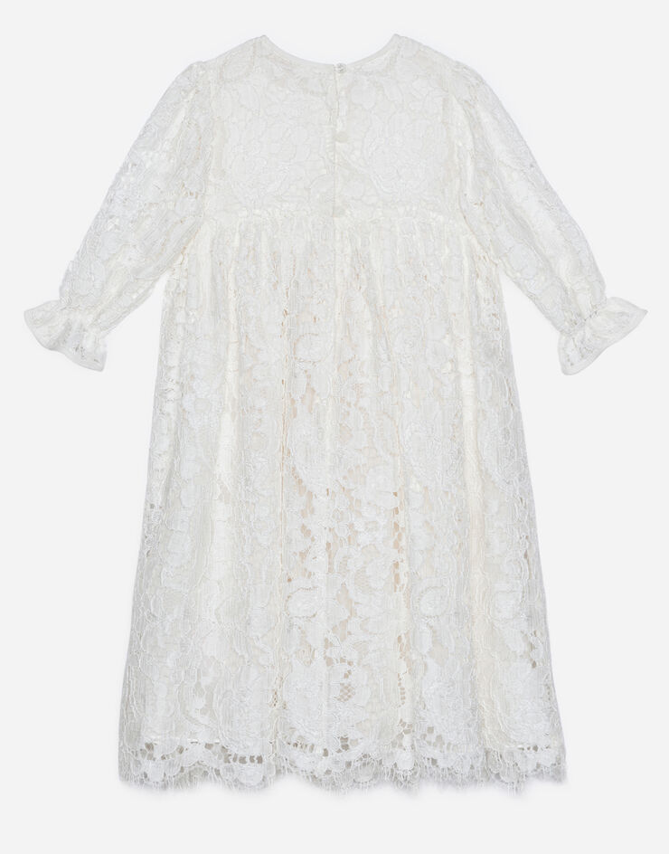 Dolce & Gabbana فستان دانتيل غالون بأكمام طويلة أبيض L0EGD1FLMKZ