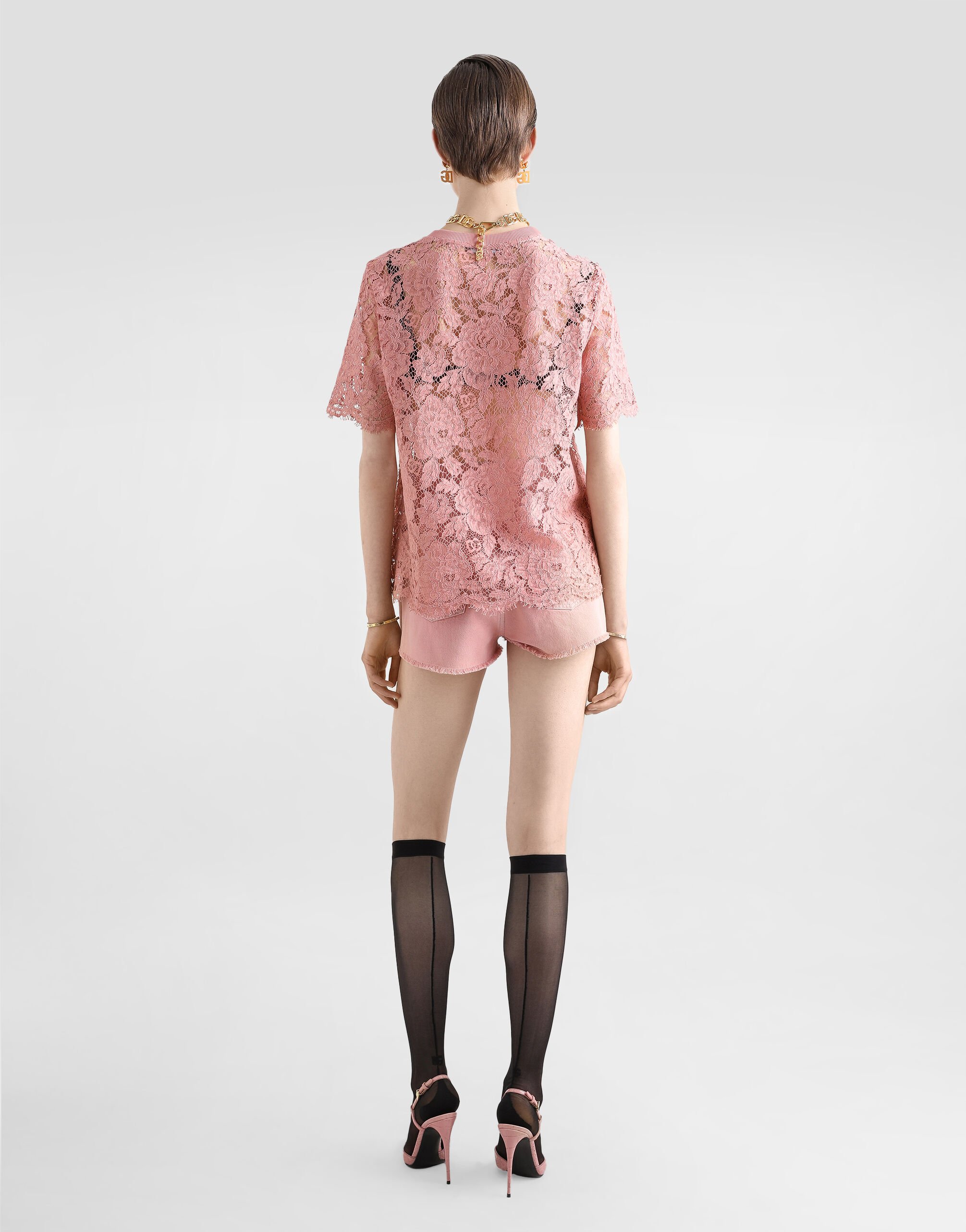 Short-sleeved Cordonetto lace T-shirt in Pink for Women