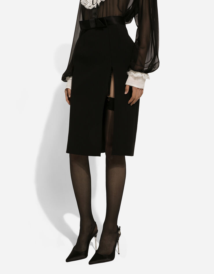 Dolce & Gabbana Wool midi pencil skirt with satin waistband Black F4CVBTFUBF1