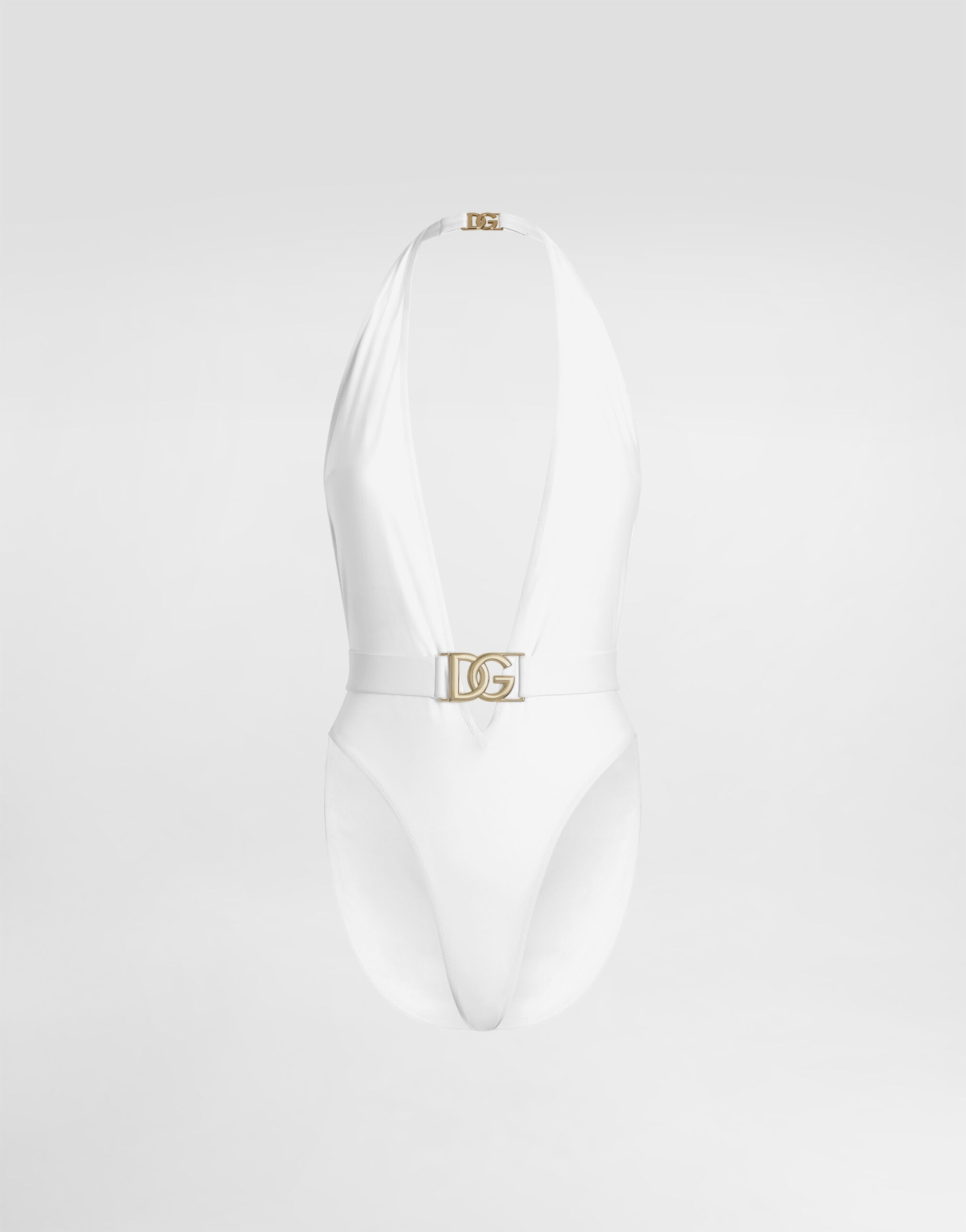One-piece swimsuit with plunging neck and belt in White for Women