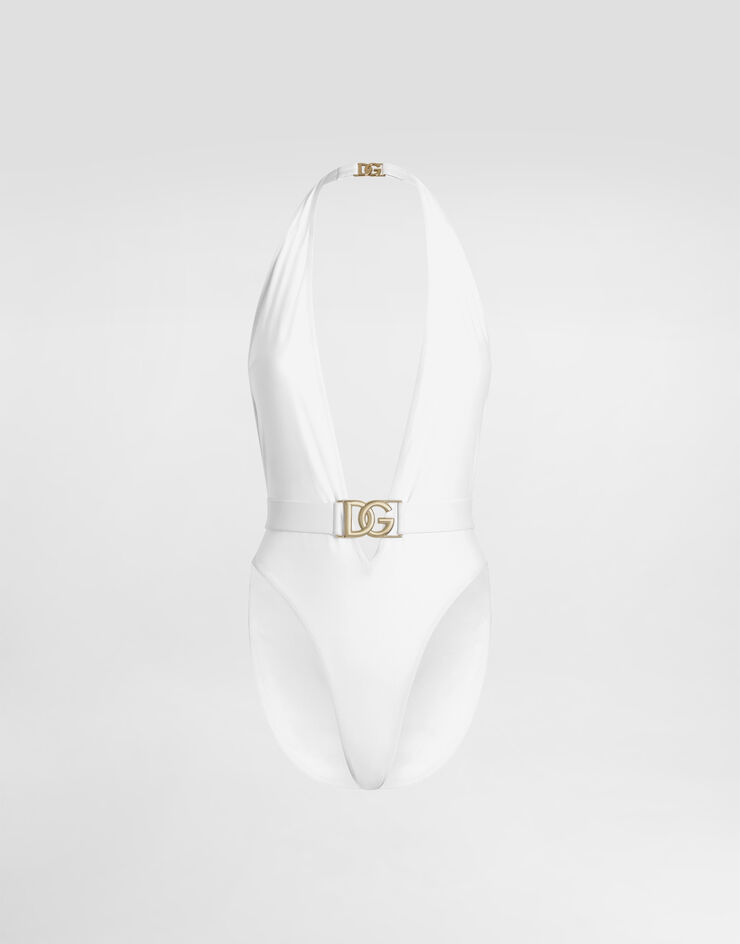 Dolce & Gabbana One-piece swimsuit with plunging neck and belt White O9B74JONO12