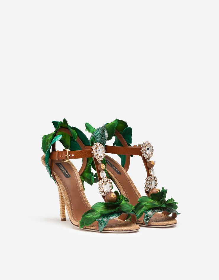 Dolce & Gabbana Sandals in cowhide with leaf appliqué and bejeweled embroidery BEIGE/VERT CR1044AX891