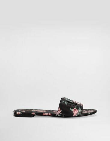 Dolce & Gabbana Calfskin flat slippers with rose print Multicolor CQ0436AZ046