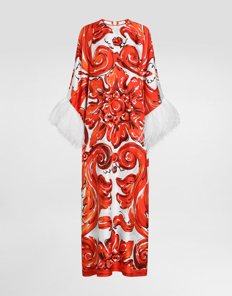 Dolce & Gabbana Majolica-print long kaftan dress with feather trim Multicolor F615FZGDDRE