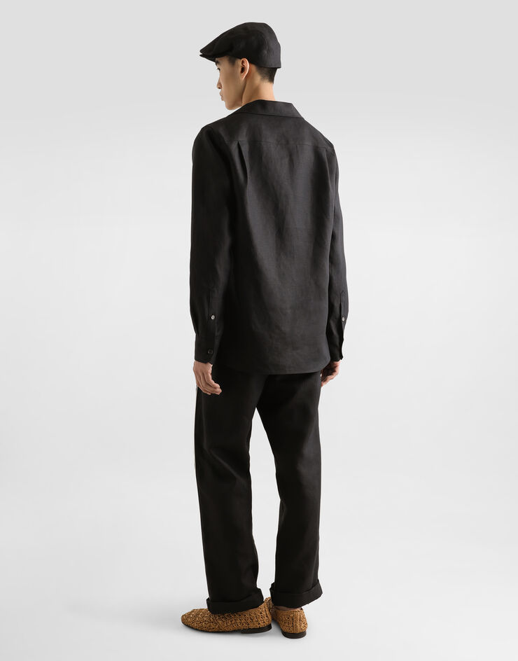 Dolce & Gabbana Long-sleeved V-neck shirt in linen fabric Black G5MX5TFU4MC