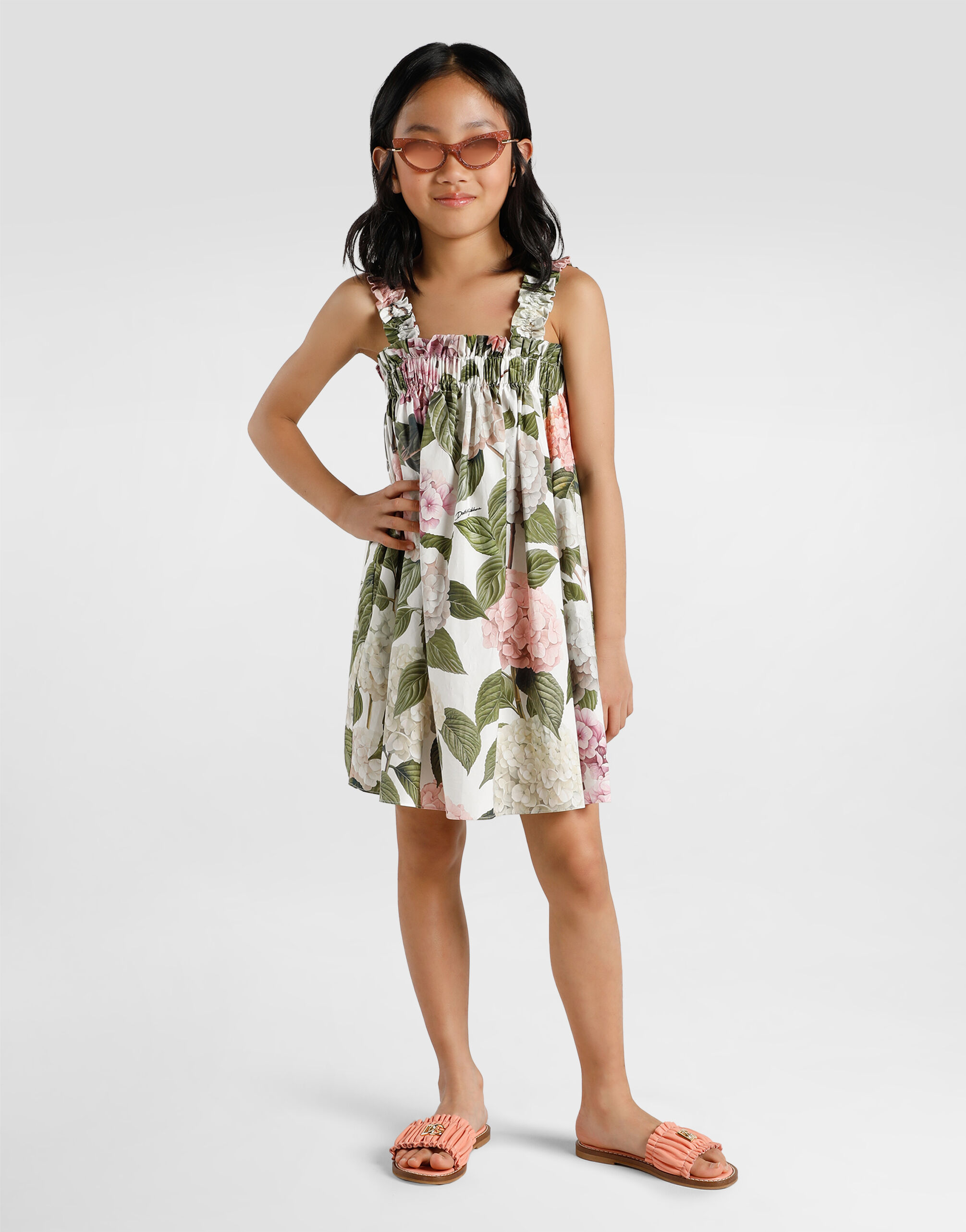 Hydrangea-print poplin dress in Multicolor for Girls