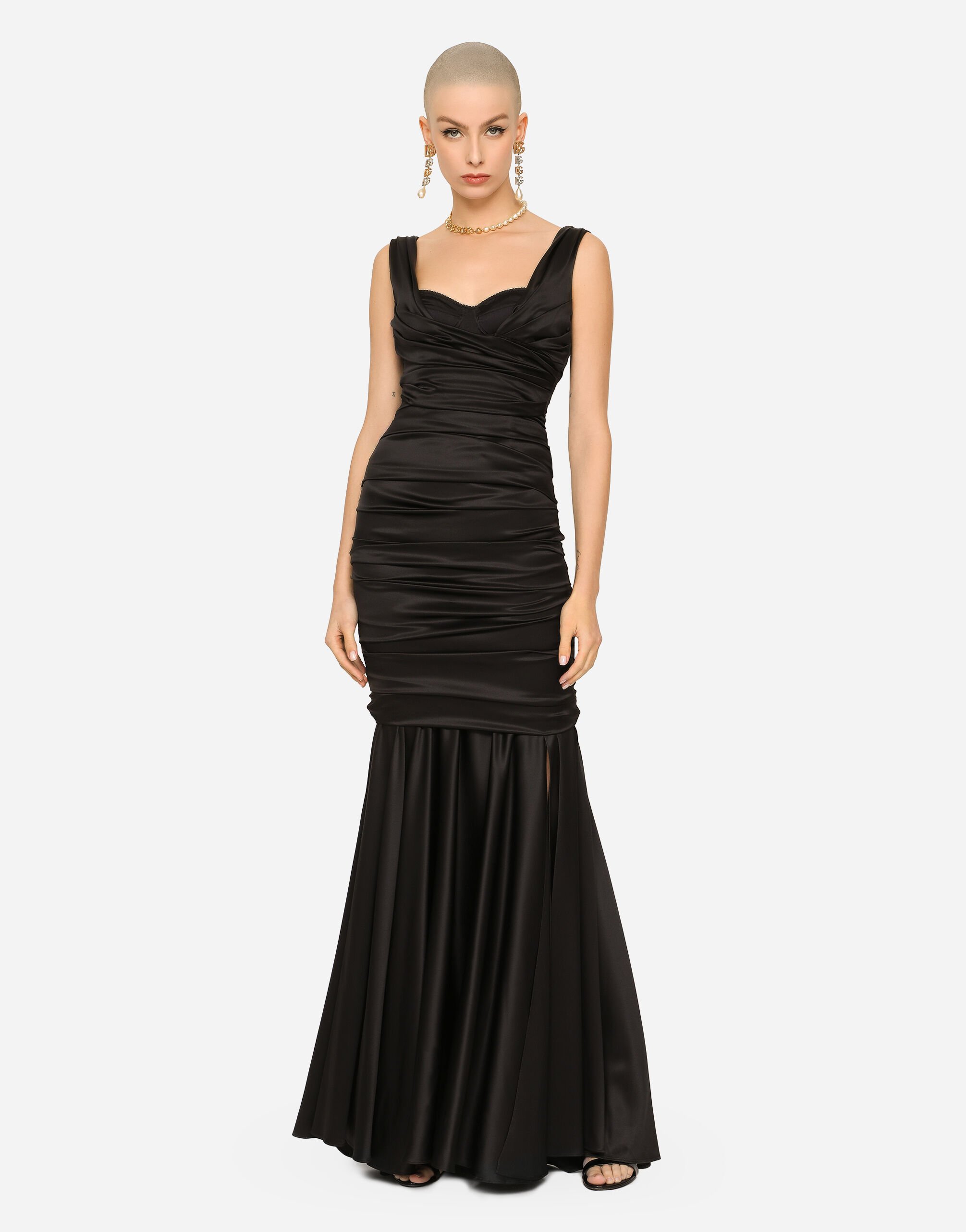 Long satin dress with draping in Black for Women