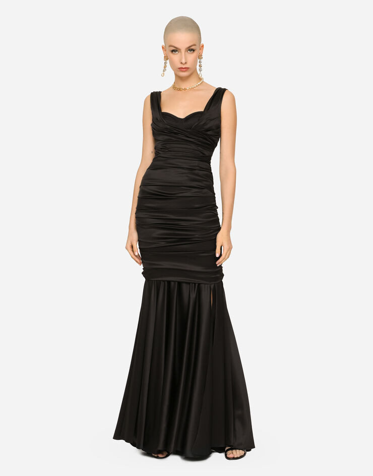 Dolce & Gabbana Long satin dress with draping Black F6ZN9TFURAG