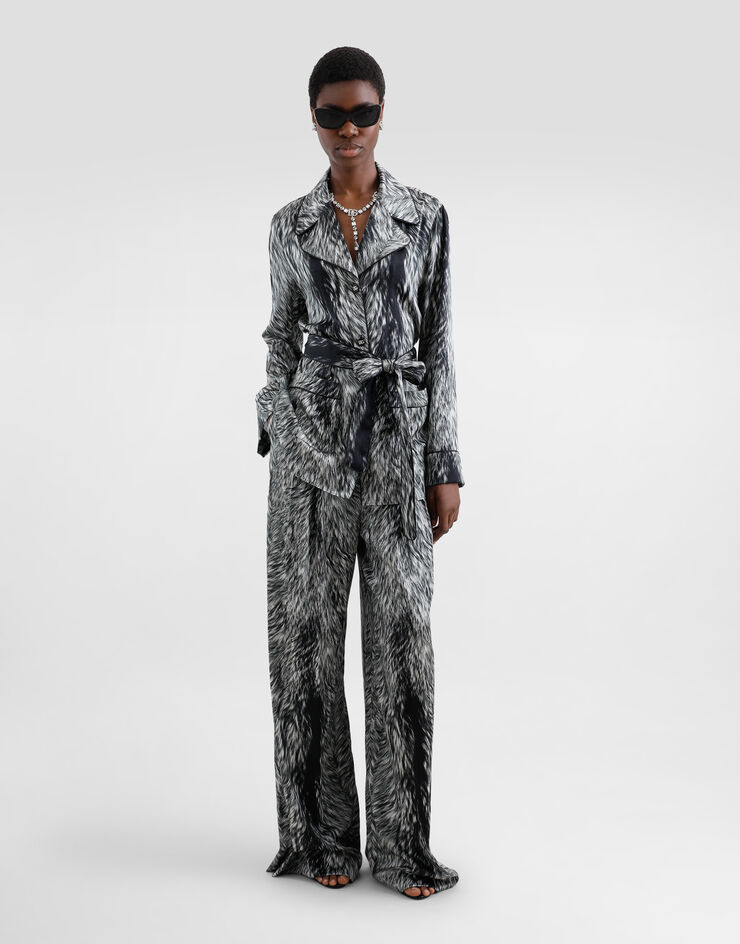 Dolce & Gabbana Pantalon de pyjama en satin de soie à imprimé fourrure Gris FTC3VTFSA7K