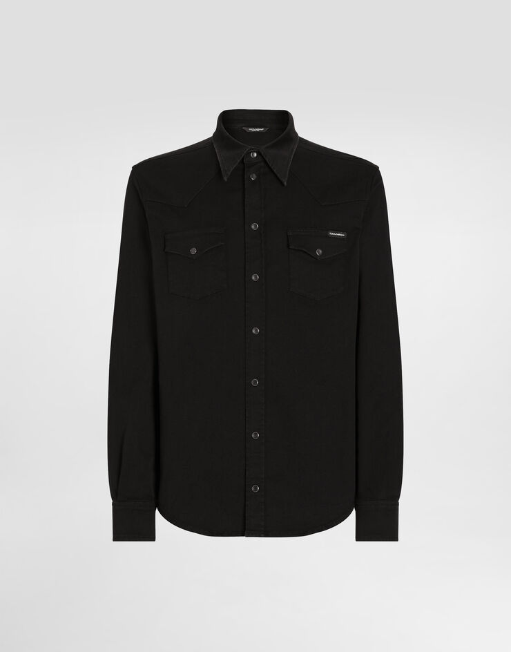 Dolce & Gabbana قميص من دنيم مرن أسود مطلي متعدد الألوان G5JC8DG8GW6