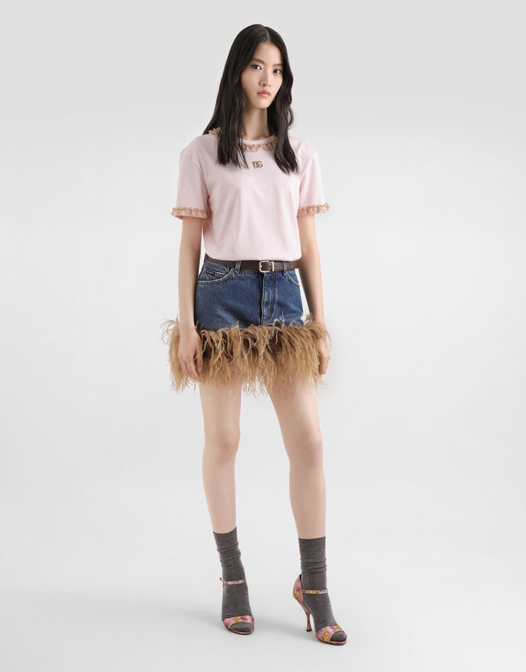 Dolce & Gabbana Camiseta en jersey con encaje y bordado Pink F8V42ZGDDPN