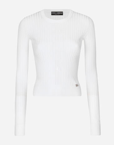 Dolce & Gabbana Ribbed viscose sweater with metal DG logo pin White FXX32TJFMDH