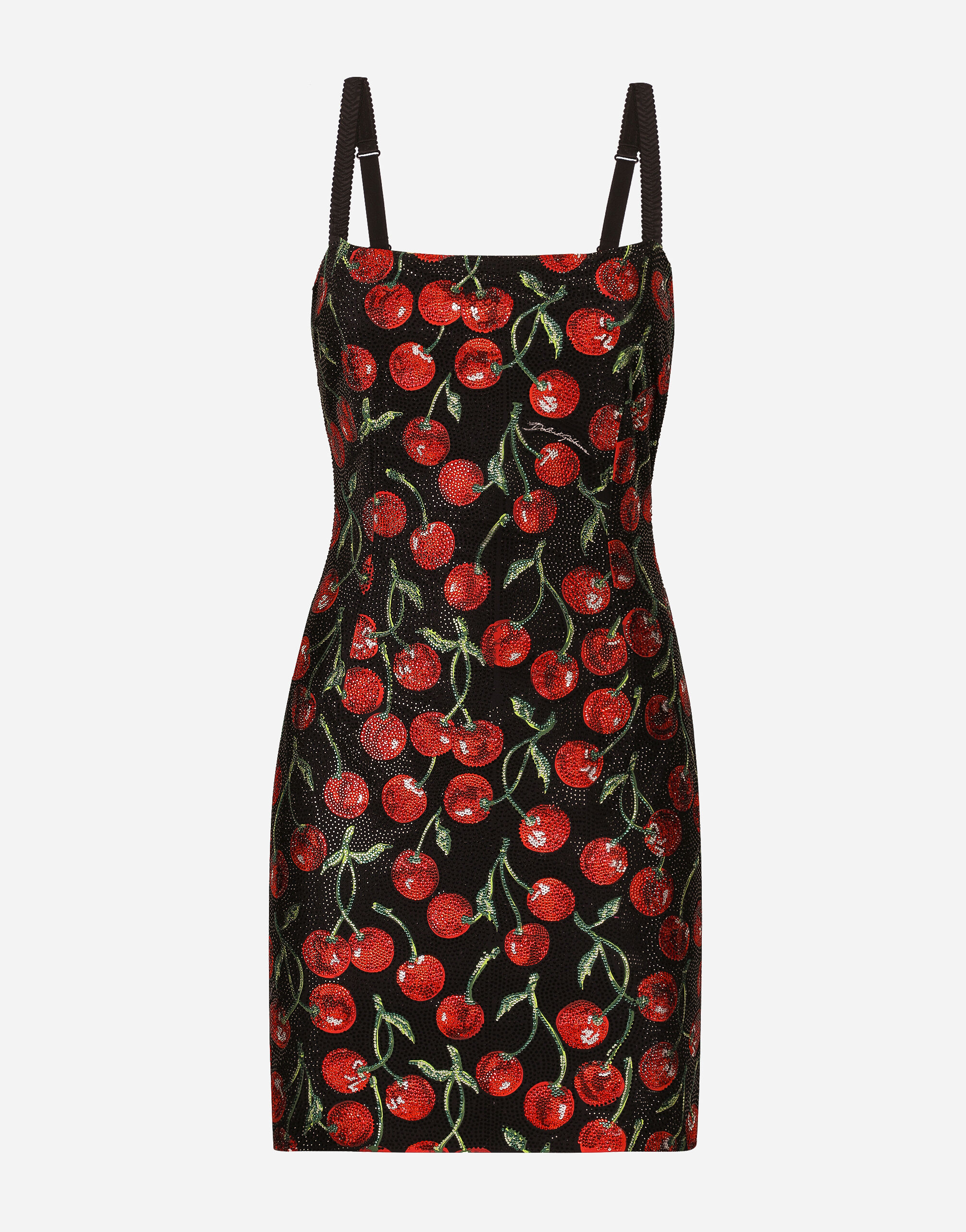 Dolce & Gabbana Cherry-print jersey minidress with fusible rhinestones Black F6K2WTFURAG