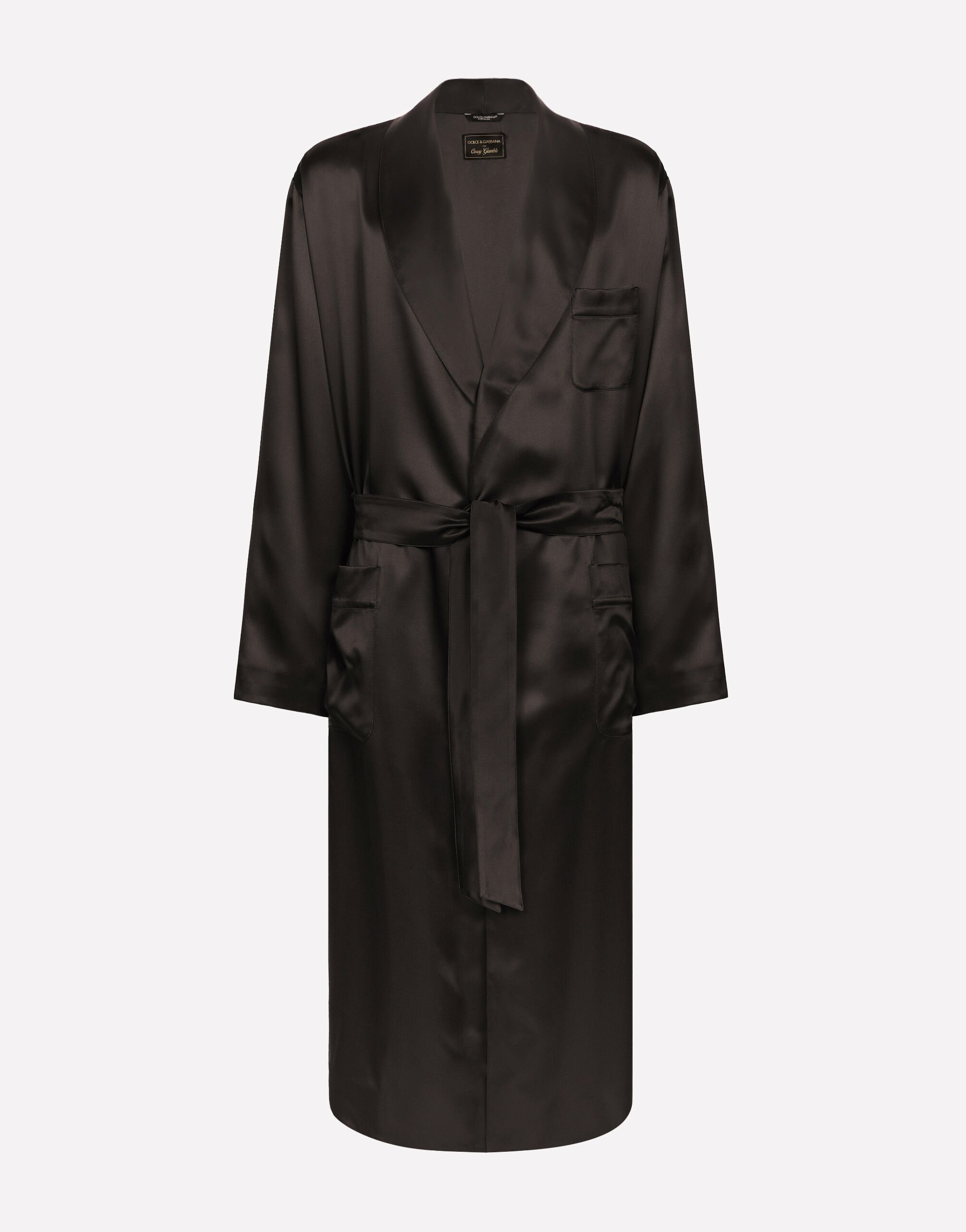 Dolce&Gabbana Silk satin robe with metal DG logo Black G710PTFU26Z