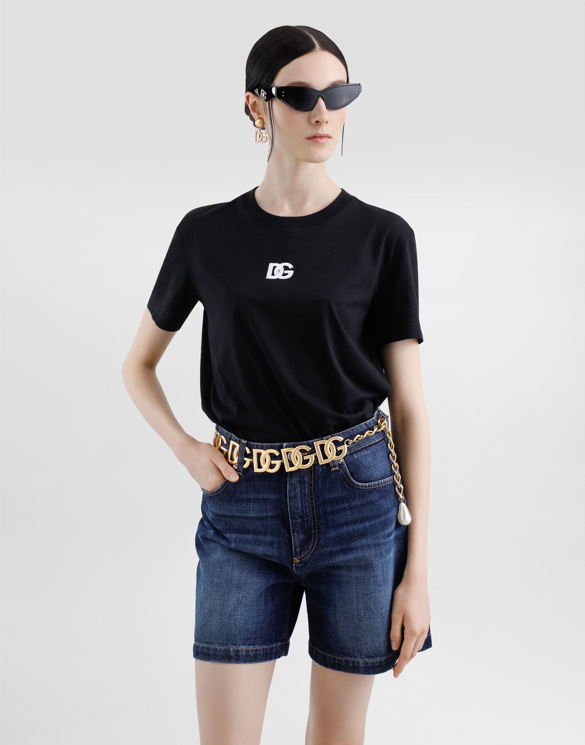 D&G Underwear ロゴプリントリブカットソー 半袖Ｔシャツ　ブラックＳ Jersey T-shirt with DG logo embroidery in Black for Women