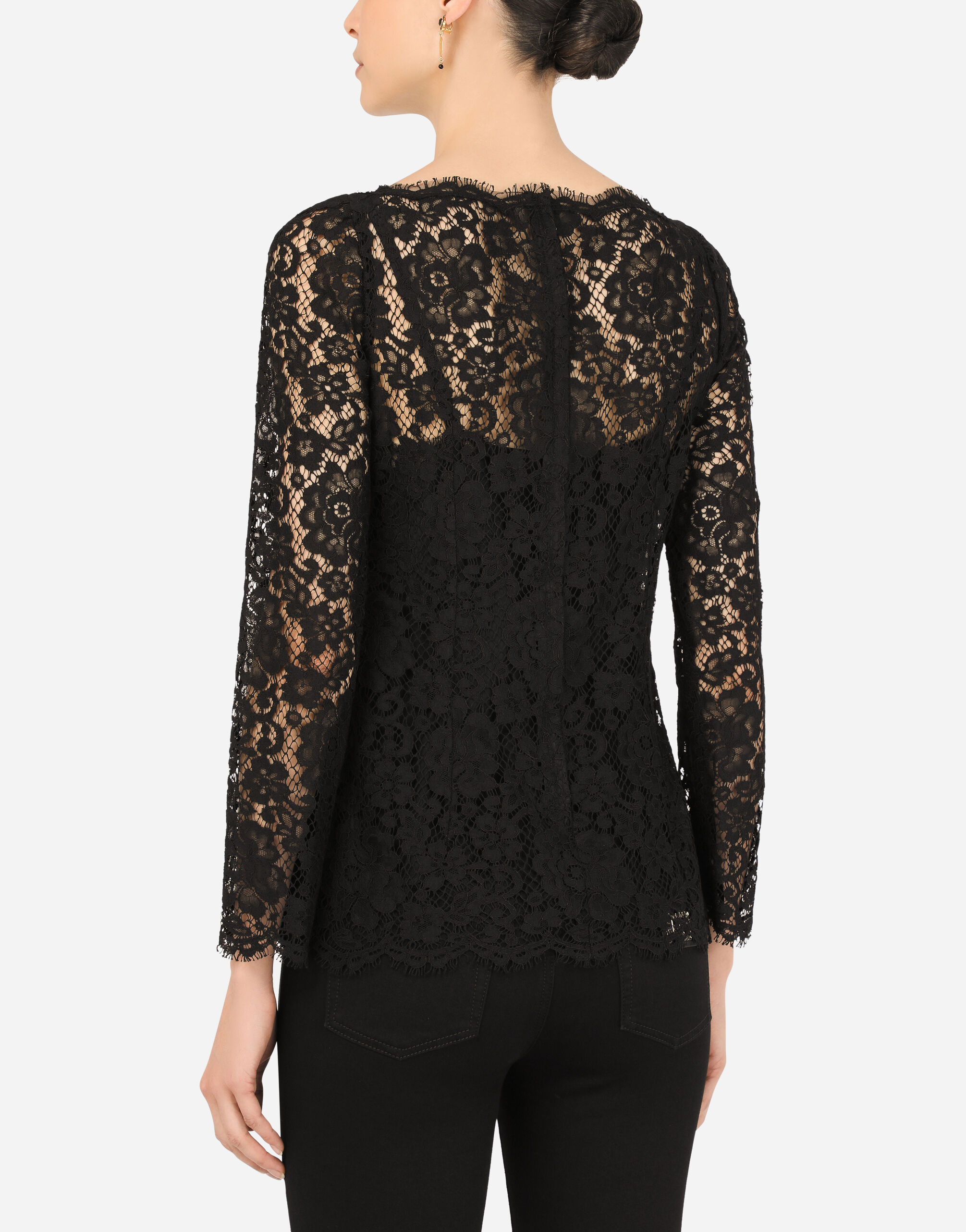 Long-sleeved cordonetto lace top in BLACK for Women