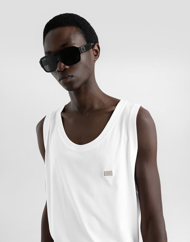 Dolce & Gabbana Oversize-Tanktop aus Baumwolle mit Plakette Weiss G8QJ5TG7N7A