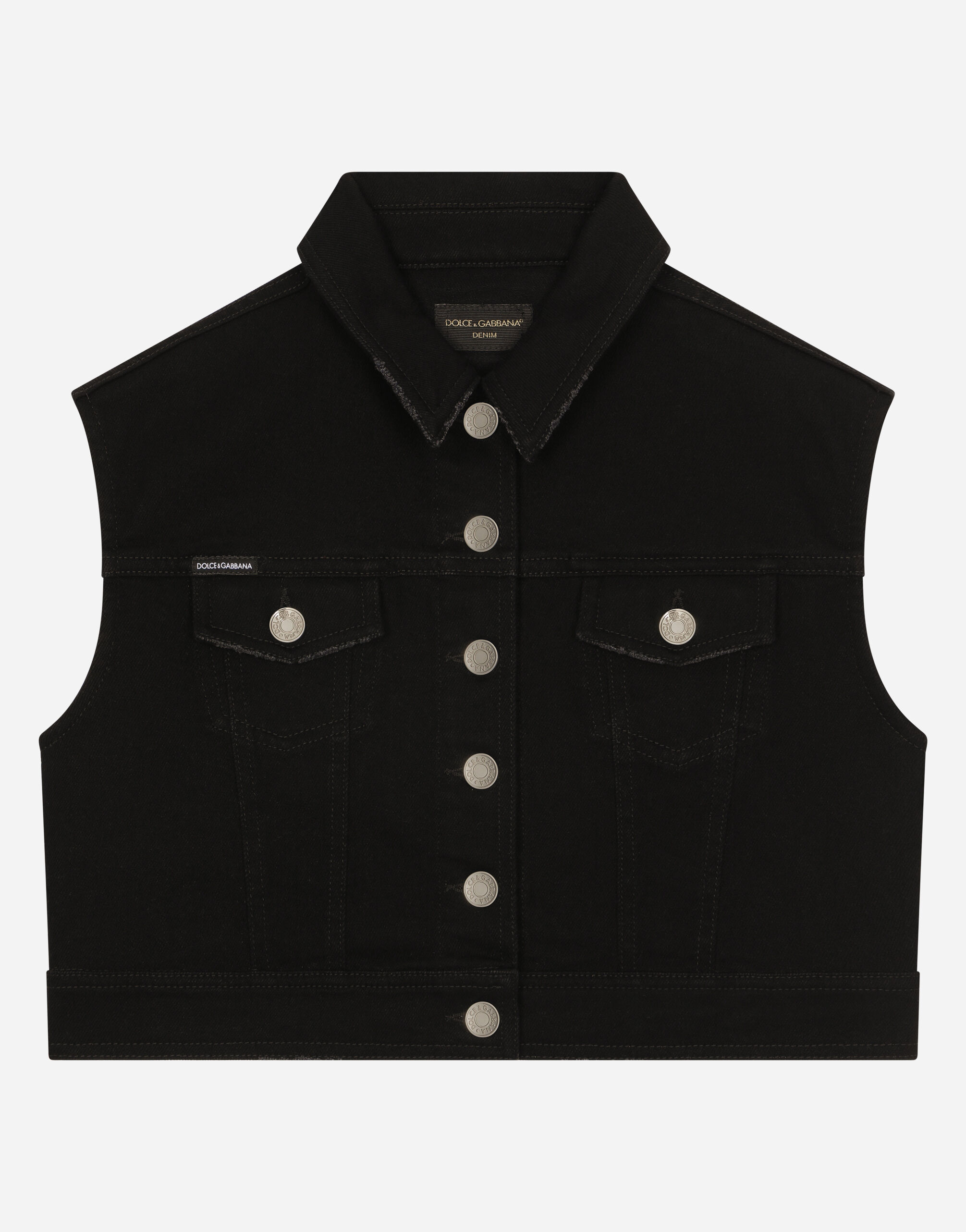 Stretch denim gilet with branded plate in Black Dolce Gabbana