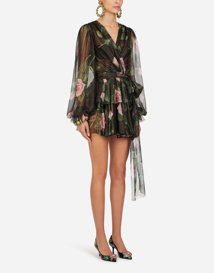 Dolce & Gabbana SHORT TROPICAL ROSE PRINT CHIFFON LAMÉ DRESS STAMPA FLOREALE F6H9OTHS19W