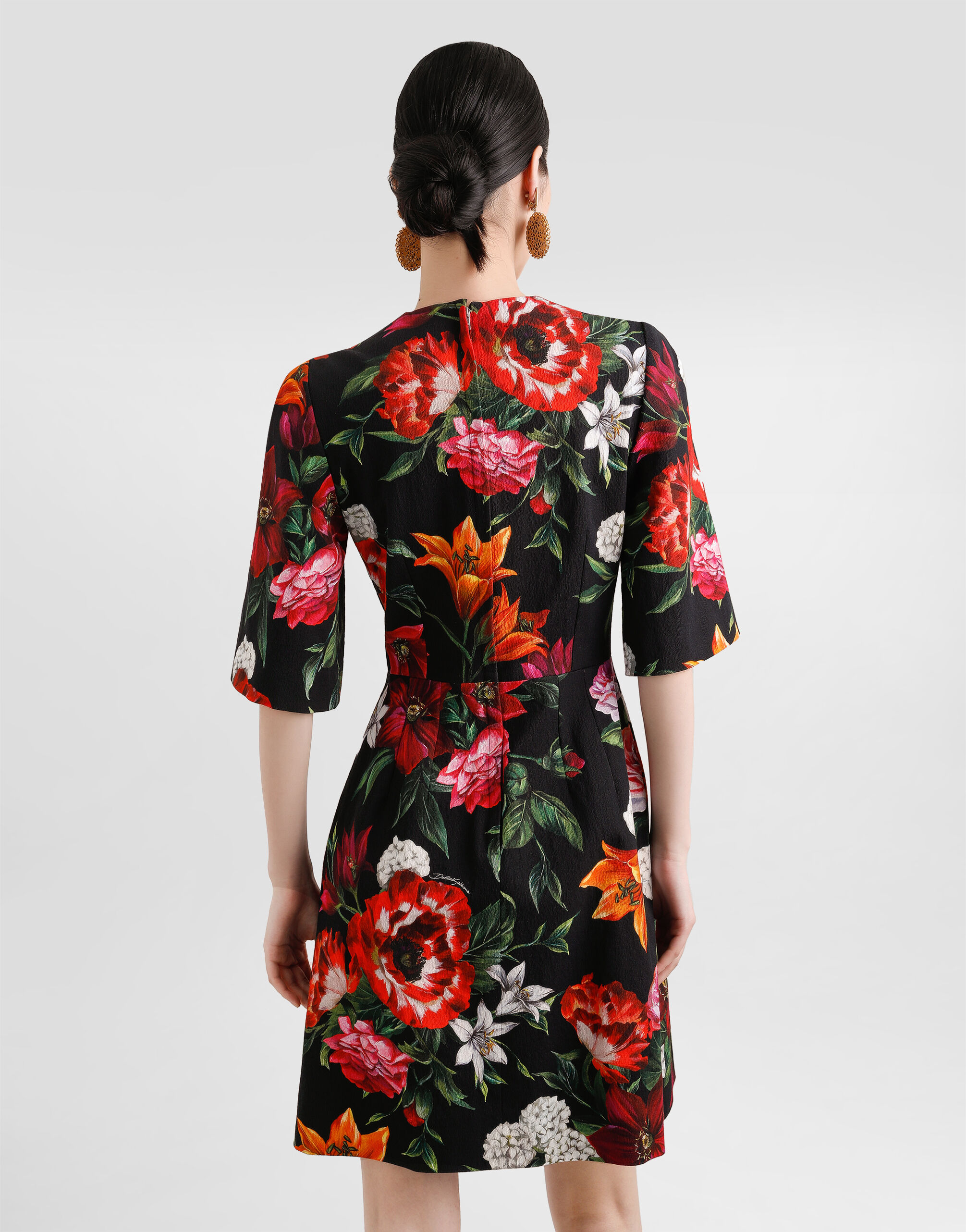Flower-print crewneck dress in Print for Women | Dolce&Gabbana®