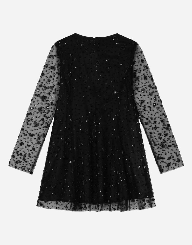 Dolce&Gabbana Long-sleeved tulle dress with fusible rhinestones Black L53DR4G7K5J