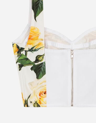 Dolce & Gabbana Cotton corset top with yellow rose print Print F7W98THS5NO