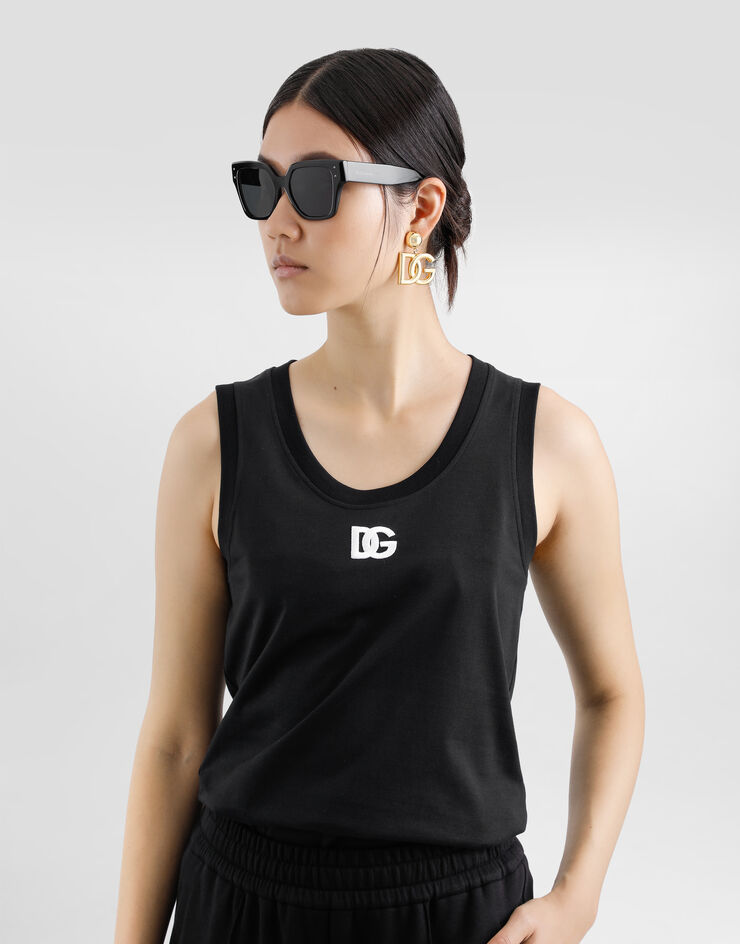 Dolce & Gabbana Oversize-Tanktop aus Jersey mit DG-Logostickerei Schwarz F8M64ZGDCYD