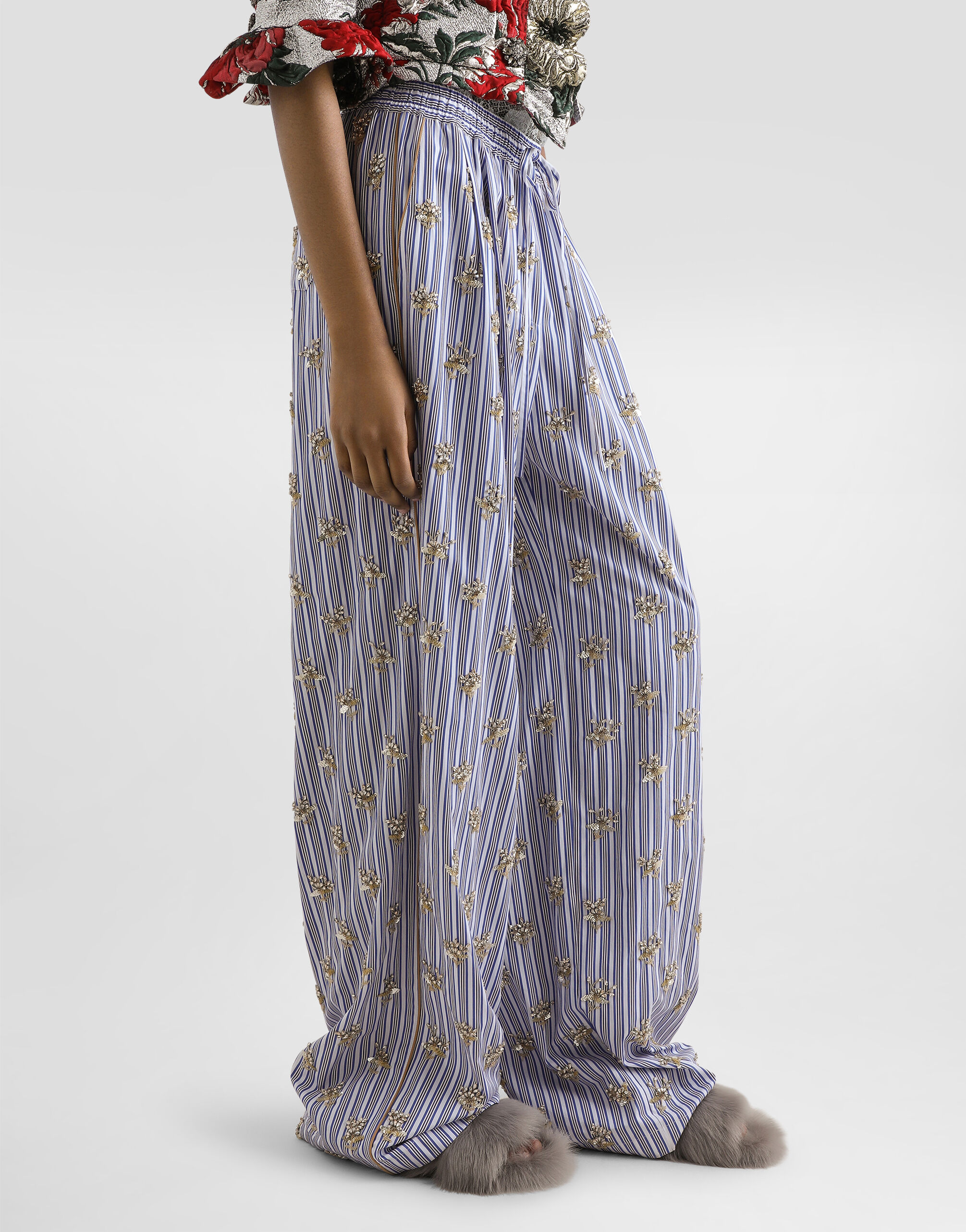 Poplin trousers with floral embroidery in Multicolor for Women