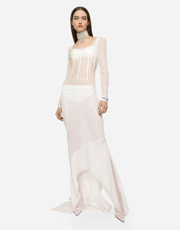 Dolce & Gabbana KIM DOLCE&GABBANA Langes Kleid aus Georgette mit Korsett-Details Weiss F6BFBTFUAA1