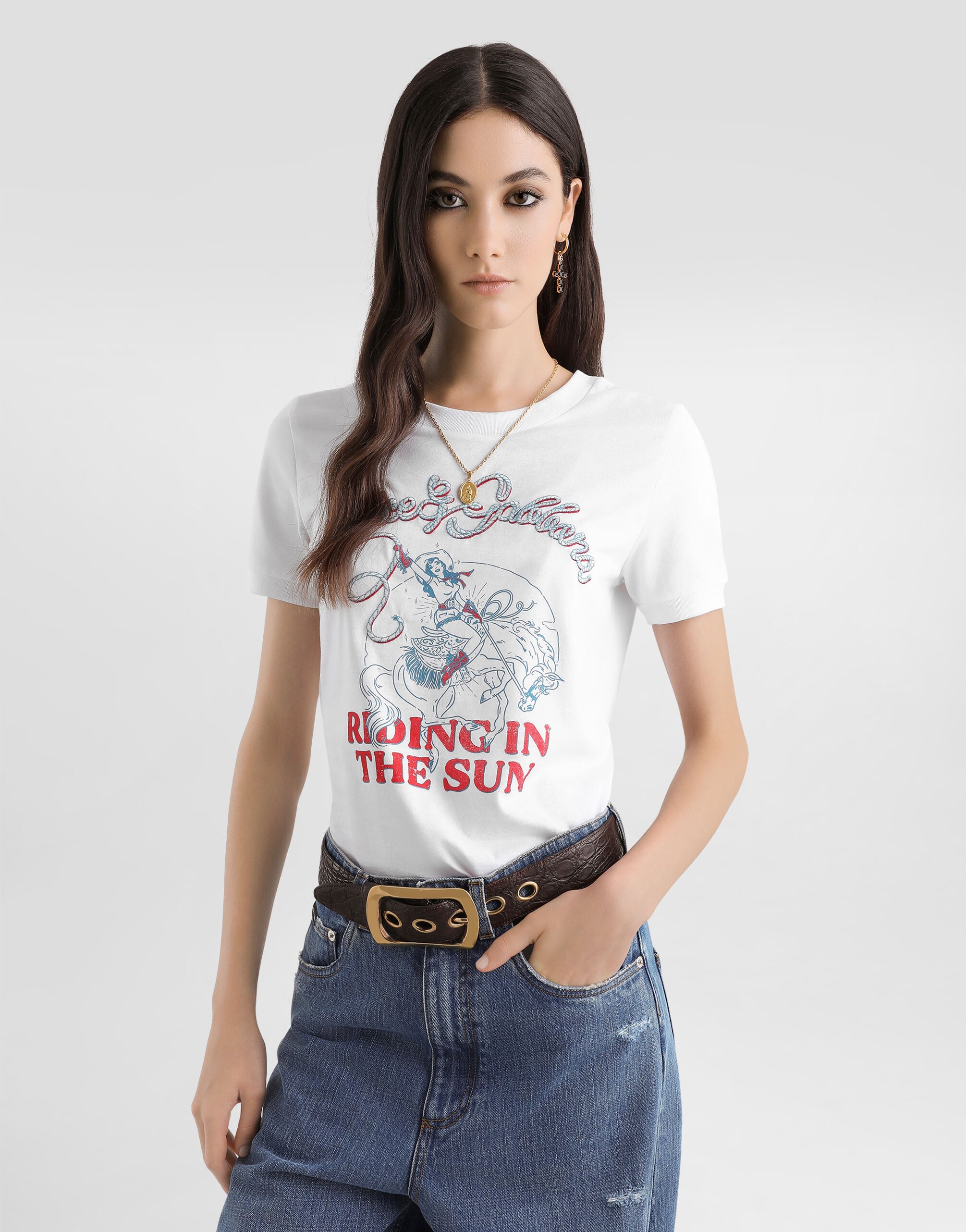 Whiteのウィメンズ Jersey t-shirt with print and embroidery