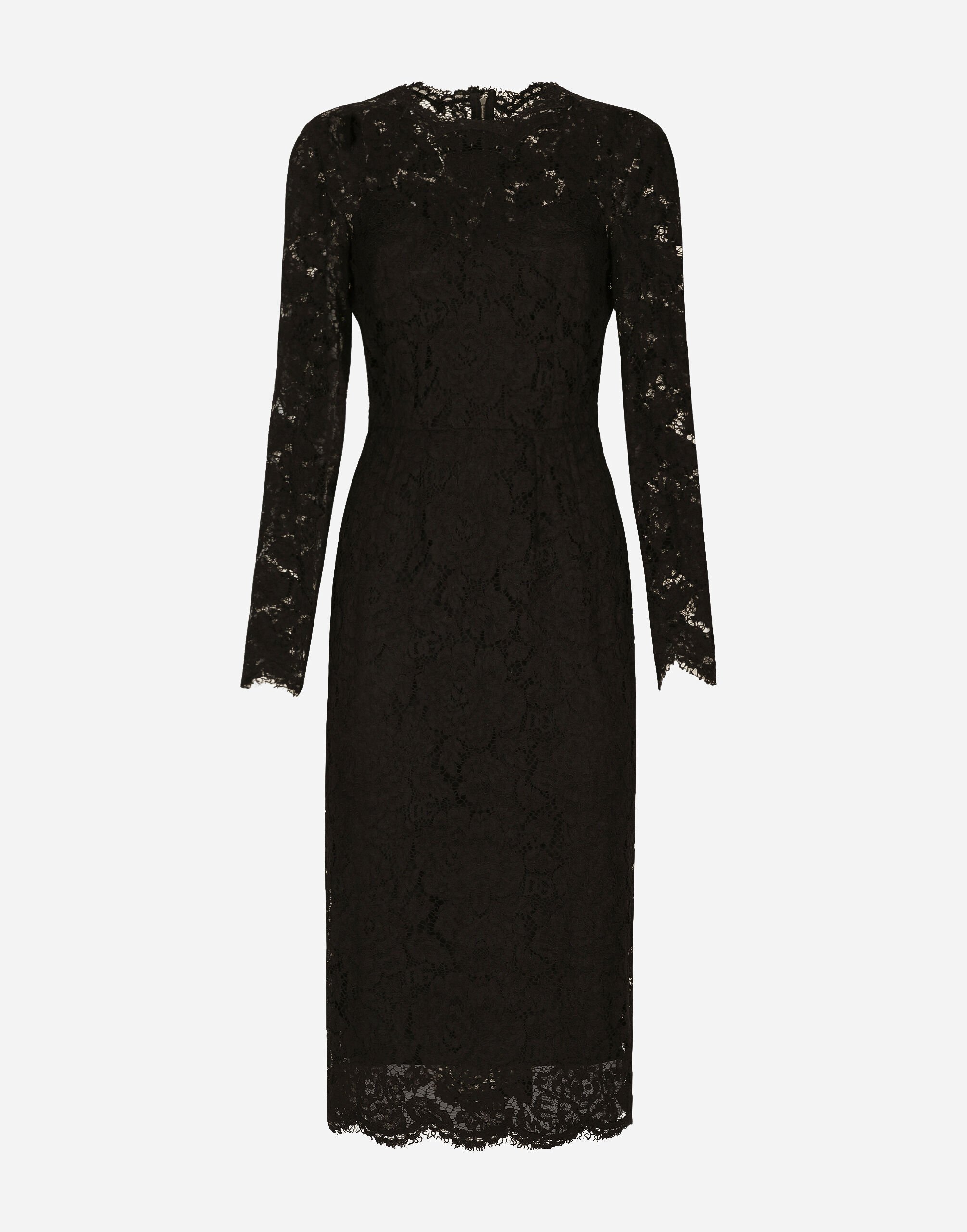 Dolce & Gabbana فستان بأكمام طويلة وطول للربلة من دانتيل مرن موسوم أسود BB6003A1001