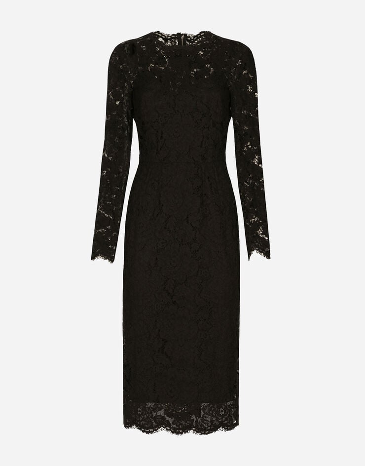 Long-sleeved calf-length dress in branded stretch lace in Black for ...