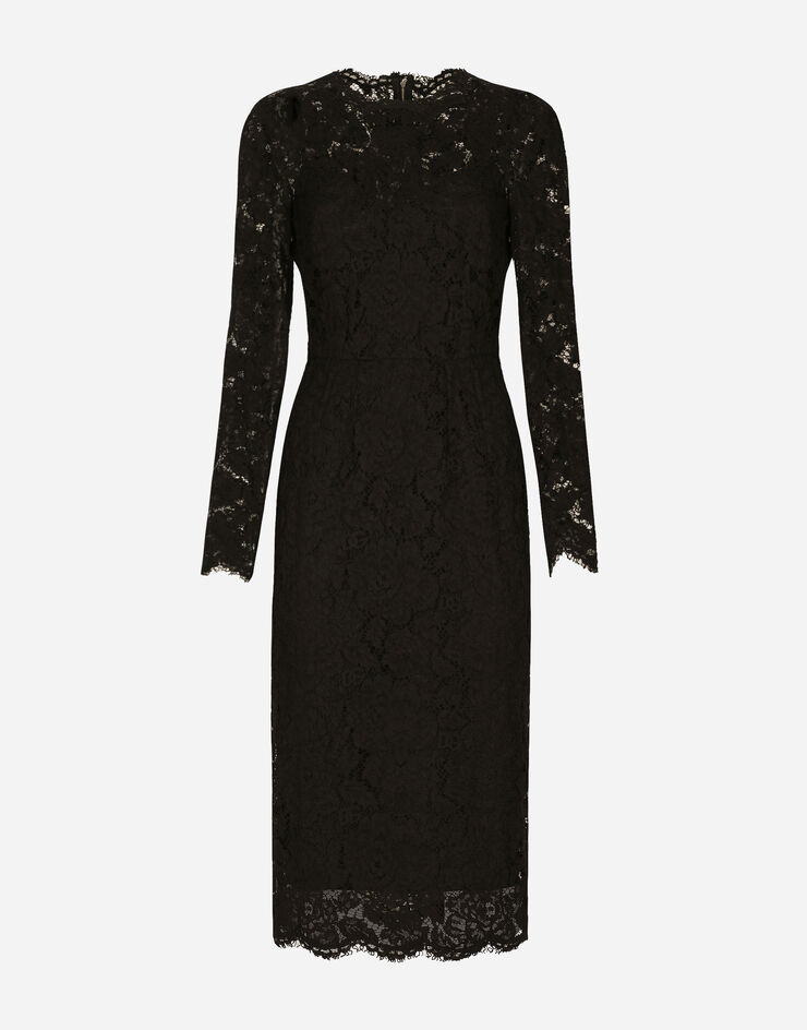 Dolce & Gabbana Long-sleeved calf-length dress in branded stretch lace Black F6M0DTFLRE1