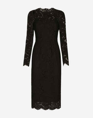 Dolce & Gabbana Vestido longuette de manga larga en encaje elástico con logotipo Negro F6M0DTFLRE1