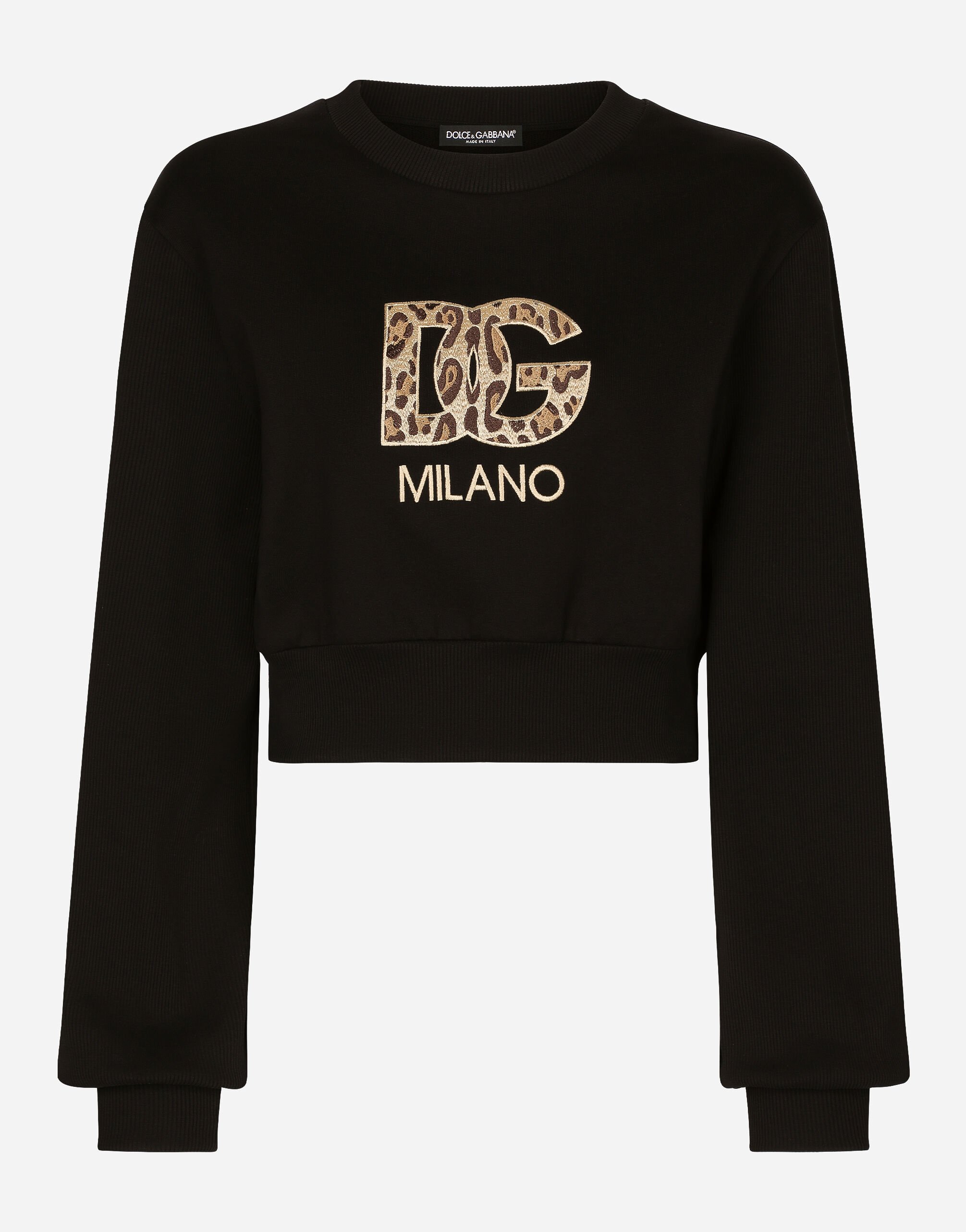 Dolce & Gabbana Kurzes Sweatshirt aus Jersey mit DG-Patch-Stickerei Weiss F8T00ZGDCBT