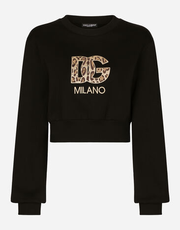 Dolce & Gabbana Cropped jersey sweatshirt with embroidered DG patch Blue G8PT1TG7F2I