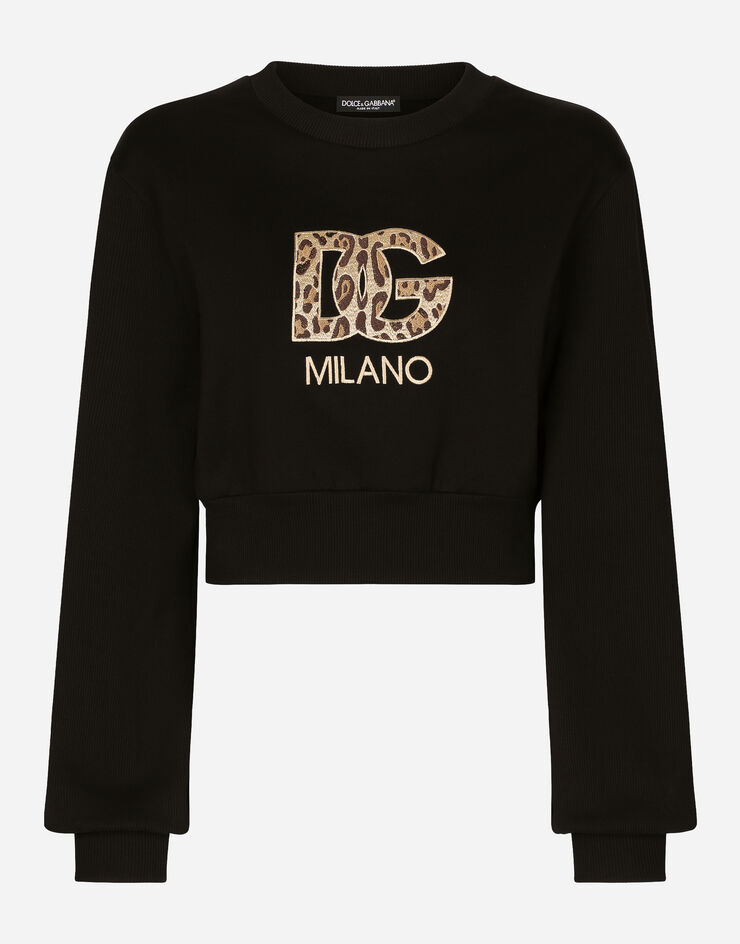 Dolce&Gabbana Kurzes Sweatshirt aus Jersey mit DG-Patch-Stickerei Schwarz F9R31ZGDBZY