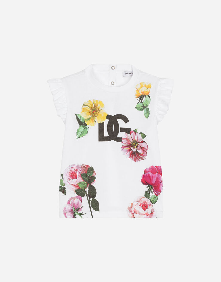 Dolce & Gabbana T-Shirt aus Jersey Blumenprint und DG-Logo Weiss L2JTKMG7M6G